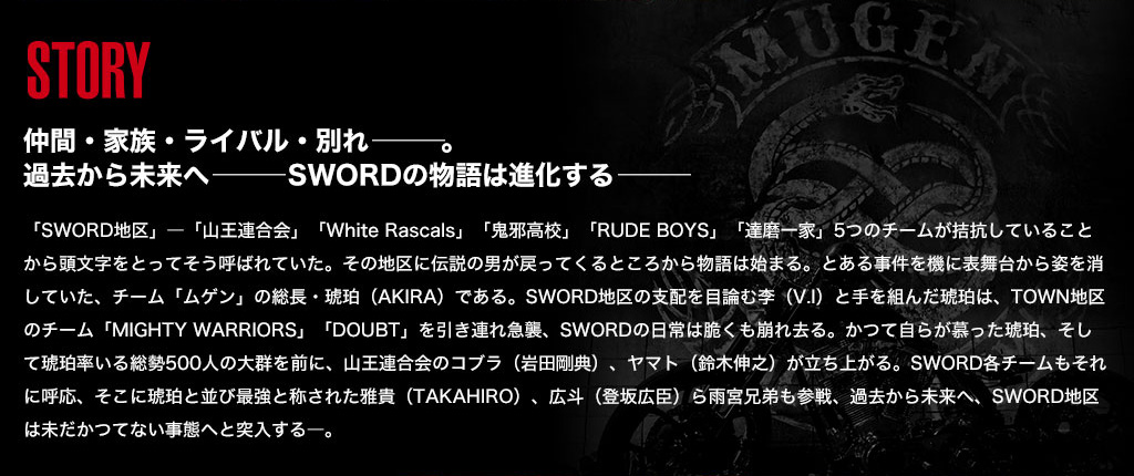 「SWORD」地区―「山王連合会」「White Rascals」「鬼邪高校」「RUDE BOYS」「達磨一家」5つのチームが拮抗していることから頭文字をとってそう呼ばれていた。その地区に伝説の男が戻ってくるところから物語は始まる。とある事件を機に表舞台から姿を消していた、チーム「ムゲン」の総長・琥珀(AKIRA)である。SWORD地区の支配を目論む李(V.I)と手を組んだ琥珀は、湾岸地区のチーム「MIGHTY WARRIORS」、TOWN地区の「DOUBT」を引き連れ急襲、日常は脆くも崩れ去る。かつて自らが慕った琥珀、そして琥珀率いる総勢500人の大群を前に、山王連合会のコブラ(岩田剛典)、ヤマト(鈴木伸之)は立ち上がる。SWORD各チームもそれに呼応、そこに琥珀と並び最強と称された雅貴(TAKAHIRO)、広斗(登坂広臣)ら雨宮兄弟も参戦、過去から未来へ、今SWORD地区は未曾有の事態へと突入するー。